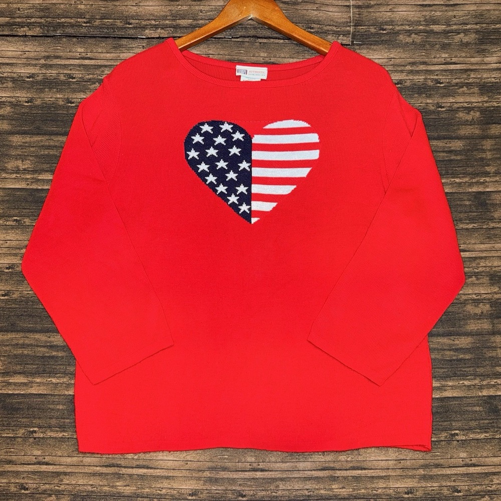 Vintage 80s Faded Glory Women's Patriotic Heart Sweater American Flag Red Sz XL